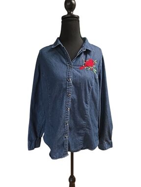 Trilogy Grandmacore Long Sleeve Blue Denim Button Up  Embroidered Cardinal L